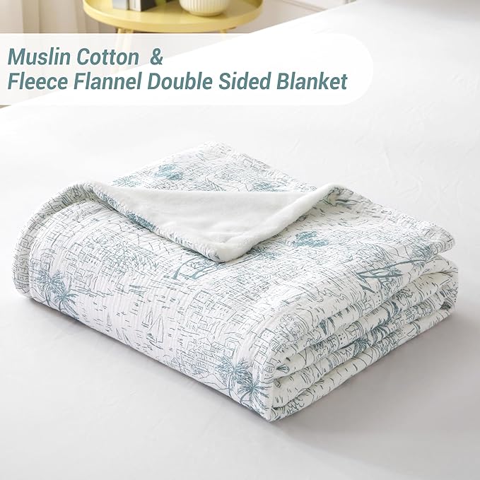 Viviland Cotton Blanket Muslin Blankets for Adult Reversible Flannel, Gifts for Women, Cozy and Soft for All Seasons, Home Decor Throw for Sofa, Chair, Coastal Toile, 50x70 inches