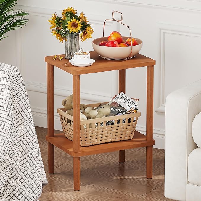 LUCKNOCK Solid Wood Side Table, 2-Tier Small End Table with Storage Shelf, Narrow Nightstand Bedside Table for Small Spaces, Bedroom, Living Room, Farmhouse, No-Tool Assembly.