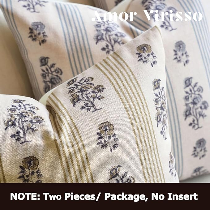 Amor Virisso Floral Throw Pillow Covers 18x18 Set of 2 Block Print Pillow Covers Neutral Floral Striped Farmhouse Decorative Pillow Covers for Sofa Couch Bed, Yellow