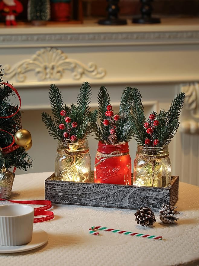 Winter Mason Jar Centerpiece for Table with LED Lights & Artificial Plants, Set of 3 Decorative Red Mason Jars for Christmas Home Decor, Kitchen Dining Table Centerpiece