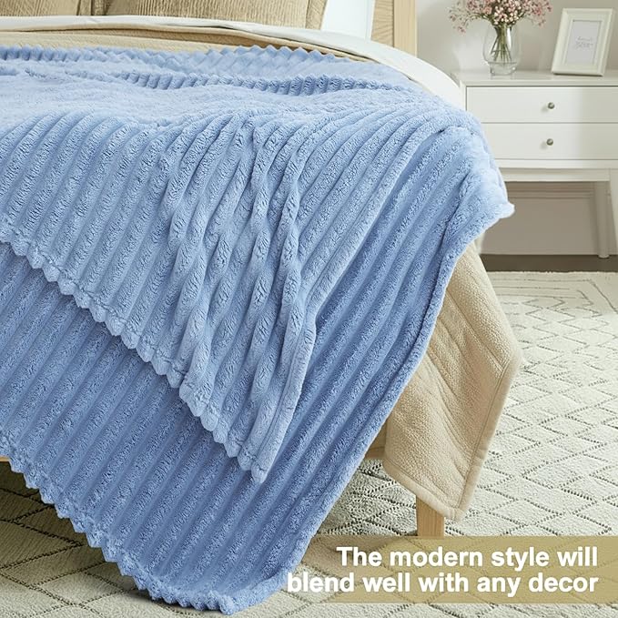 decorUhome Soft Fleece Blue Grey Throw Blanket for Couch, Cozy Fluffy Plush Flannel Striped Blanket for Sofa Bed, Lightweight Decorative Ribbed Fuzzy Blanket for Woman, 50x60 Inches