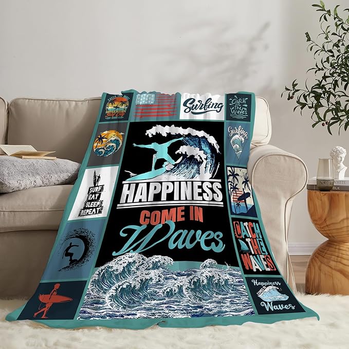 Surfing Blanket Surfing Surfboard Throw Blankets Decor Stuff Cozy Flannel Fleece Soft Plush Fuzzy Warm Lightweight Bedding Ocean Lovers Gifts for Women Girls Kids 50"X40"