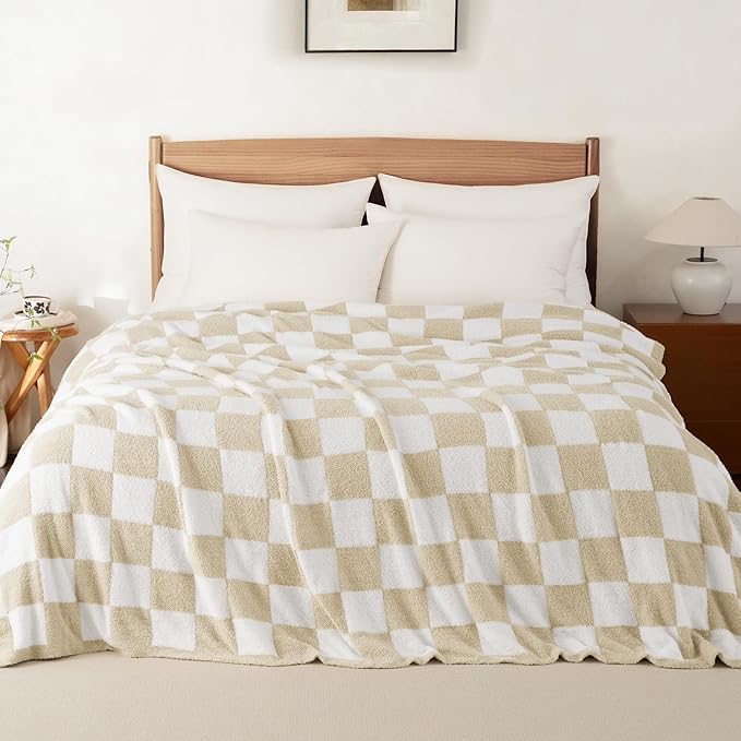 Whale Flotilla Checkered Knit Blanket Queen Size, Ultra Soft Warm Reversible Cozy Decorative Blankets for Couch Sofa and Bed, 90x90 Inch, Camel
