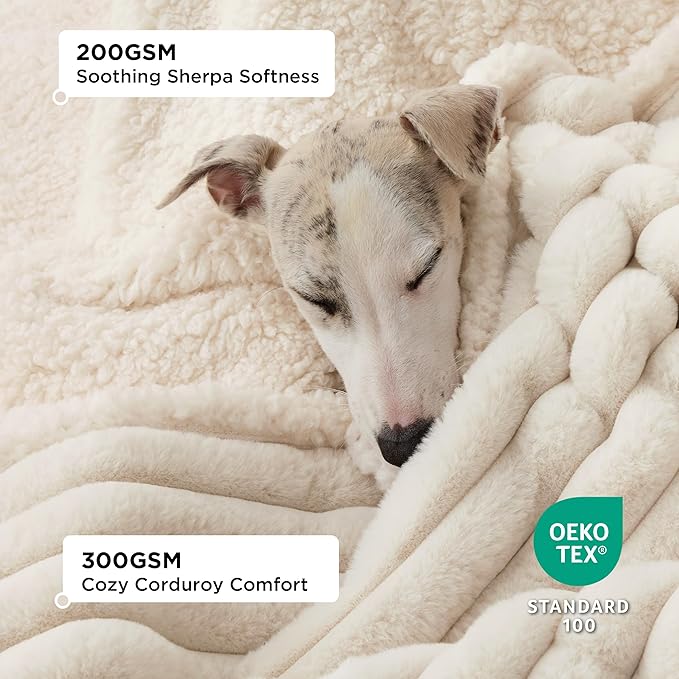 Bedsure ComfyFleece™ Waterproof Blanket for Bed - Soft Plush Dog Blankets for Large Dogs Corduroy Fleece Washable, Cozy Calming Reversible Furniture Protection for Pet Cat,86"x108", King, Cream