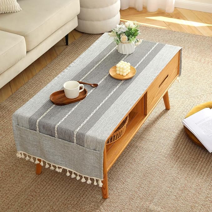 SIELUNO Coffee Table Cover, Rustic Farmhouse Rectangle Table Cloth Cotton Linen Waterproof with Pockets and Tassel for Living Room Decoration - Grey Stripes - 24x64 Inch