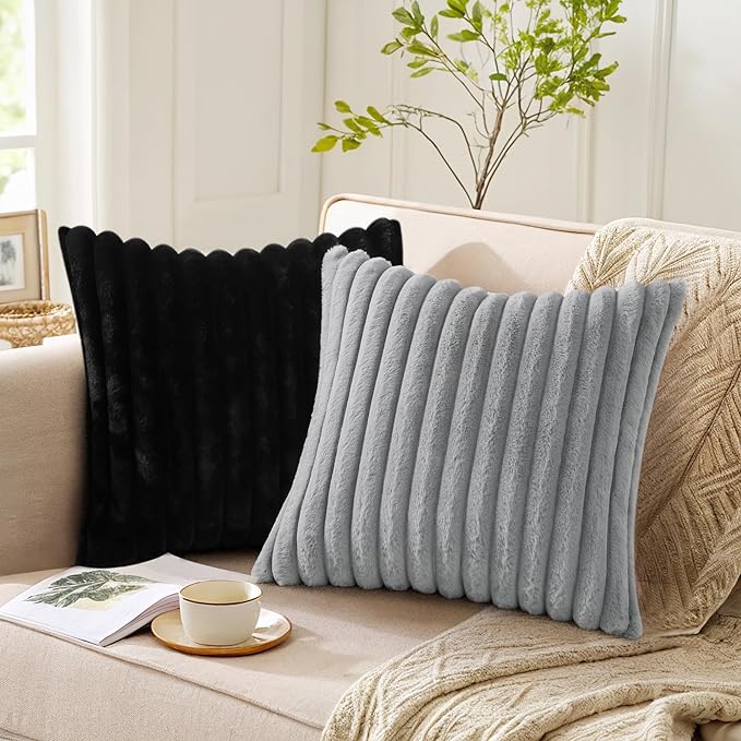 Pallene Faux Fur Plush Throw Pillow Covers 16x16 Set of 2, Luxury Soft Fluffy Striped Decorative Pillow Covers for Sofa, Couch, Living Room, Black