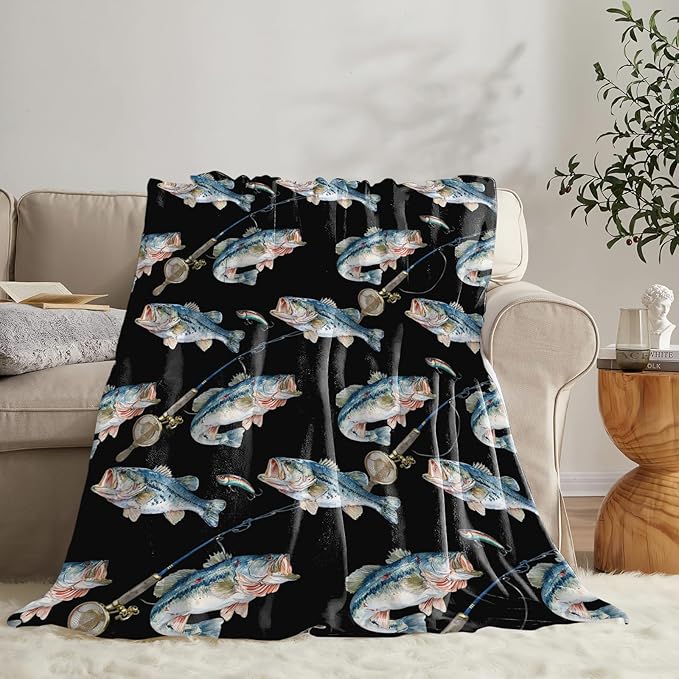 Bass Fish Blanket for Girls Women Boys Men Adults Kids Soft Cozy Fleece Fishing Throw Blankets Fisherman Gifts Warm Flannel Plush Lightweight Decor for Couch Bed Sofa 50"X40"