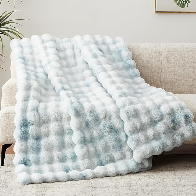 Faux Fur Throw Blanket, 1000GSM Fluffy Soft Bubble Blanket for Couch Bed, Cozy Plush Warm and Thick Blanket, Fuzzy Rabbit Throw for Living Room Bedroom 80''*90'' Tie-dye Blue