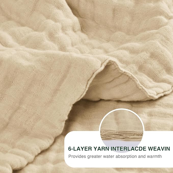 Love's cabin 100% Cotton Muslin Blanket, 6 Layer Lightweight Breathable Gauze Queen Size Blanket 90 x 90 Inches, Soft All Season Blanket for Bed, Khaki