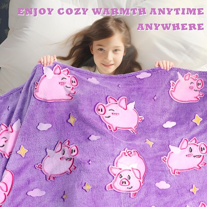 Pig Glow in The Dark Blanket - Soft Fleece Animal Pig Throw Blanket for Girls Age 3-12, Cute Pink Pigs Toys Gifts for Girls, Teens, Birthday, Kids Room Decor 50"x60"
