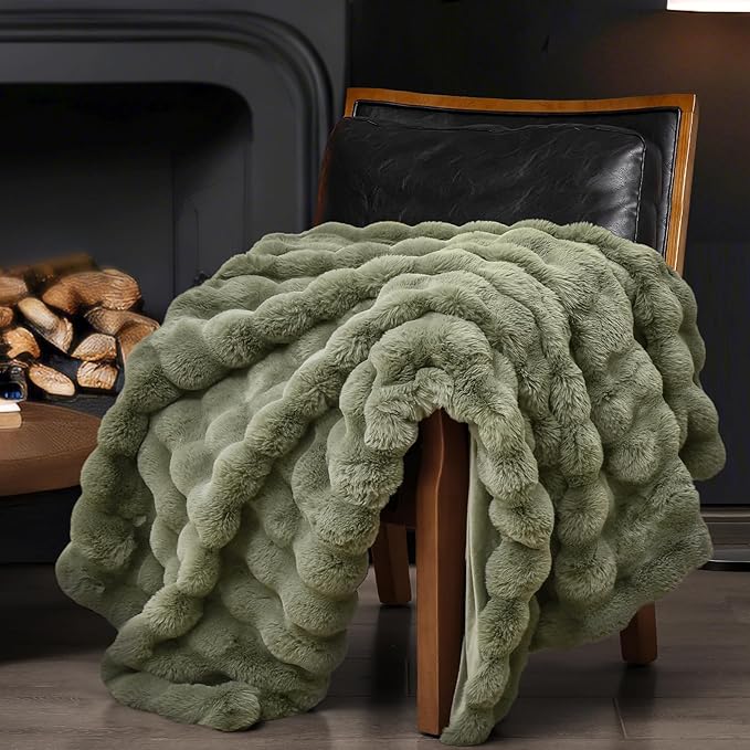 PHF Luxury Faux Rabbit Fur Throw Blanket, Ultra Soft Fluffy Plush Cozy Warm Bubble Blanket for Bed, Couch, Sofa Decorative, Thick Reversible Throw Suitable for Fall & Winter, 50" x 60", Olive Green
