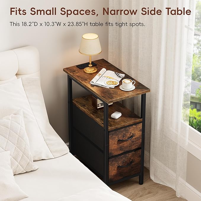 Vagusicc End Table with Charging Station Set of 2, Narrow Side Table, 23.8'' Tall Nightstand with 2 Drawers, Small Sofa Side Table Narrow Nightstand for Small Spaces Furniture, Bedroom, Rustic Brown