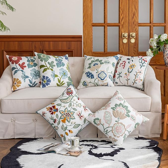YIcabinet Pack of 2 Throw Pillow Covers,Plants Embroidered Pillow Case Soft Decorative Pillowcases for Home Sofa Couch 18x18 Inch