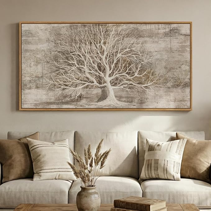 Large Framed Tree of Life Wall Art for Living Room, Rustic Farmhouse Abstract Tree Canvas Painting Print Artwork for Walls, Modern Neutral Forest Picture for Bedroom Office Wall Decor, 60x30 In