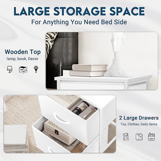 LOFTEY White Nightstand, Bedside Table with 2 Fabric Drawers, Small Kids Night Stand for Bedroom, Bed Side Table with Storage, 15.7" L x 11.8" W x 21" H