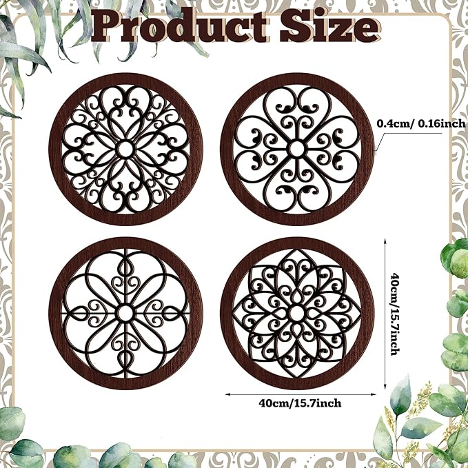 Yulejo 4 Pcs Thicken Rustic Wall Decor Farmhouse Kitchen Wall Round Art Wooden Hollow Carved Design Rustic Art for Living Room Bedroom Hallway Decor (15.7 x 15.7 Inch,Black, Brown)