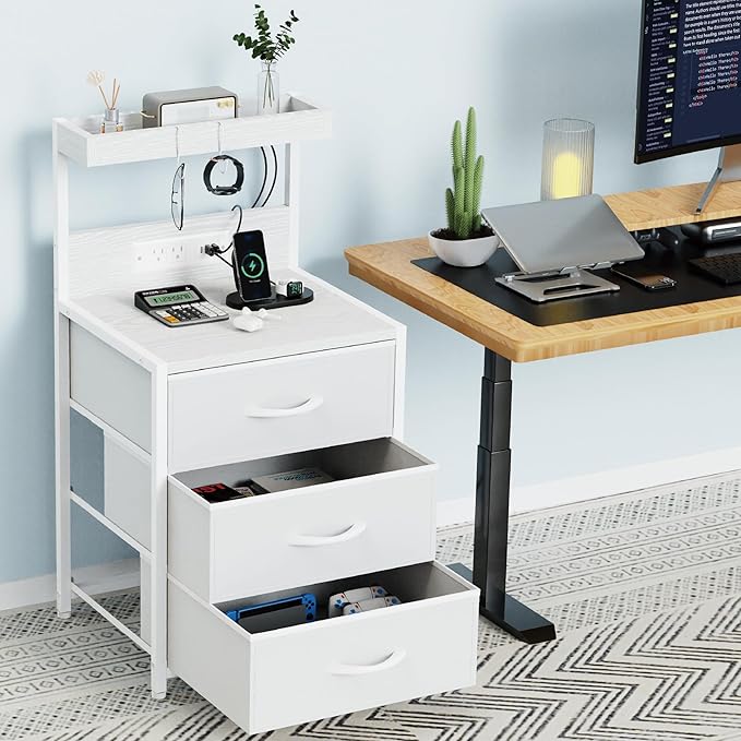 Night Stand with Charging Station Set of 2, LED Nightstand Bedside Table with USB Ports and Outlets, 3 Fabric Drawer End Side Table Dresser for Bedroom with Storage Shelf and 2 Hooks, White