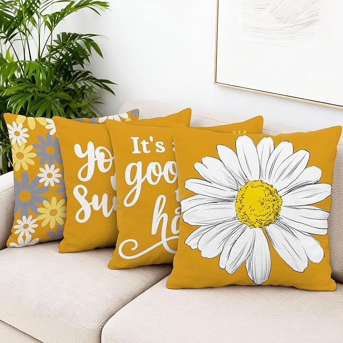 Hexagram Spring Summer Pillow Covers 18x18 Set of 4, Outdoor Floral Daisy Decorative Yellow Throw Pillow Covers, You are My Sunshine Farmhouse Cushion Case for Couch Sofa Indoor Home Decor(No Insert)