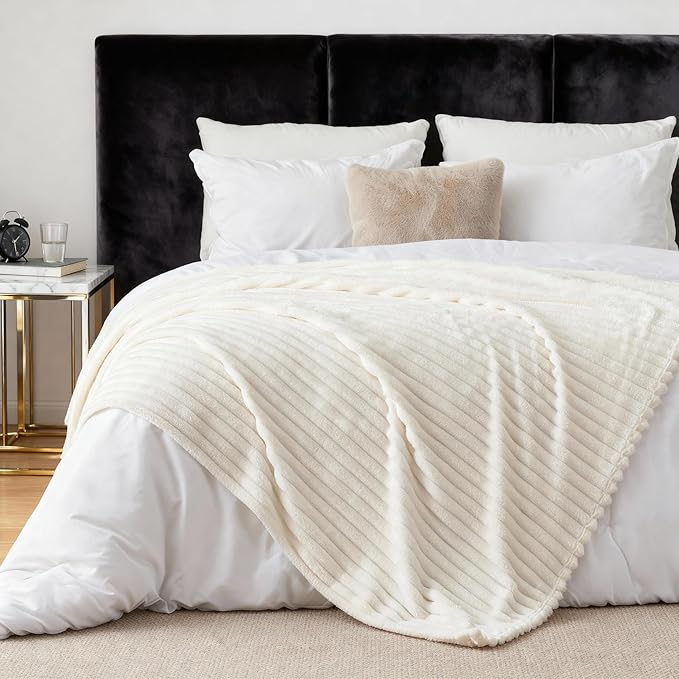 Nookly Cream Twin Size Fleece Blanket, Soft Lightweight Ribbed Plush Bed Blanket, Cozy All-Season Striped Fleece Twin Throw for Bedroom and Home, 60x80 Inches