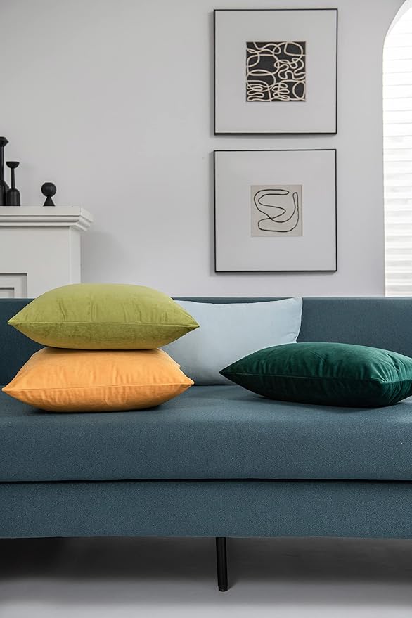 DEZENE Throw Pillow Covers 16x16 Mustard Yellow: Pack of 2 Cozy Soft Velvet Square Modern Luxury Decorative Throw Pillow Cases for Sofa Couch Living Room Bed Home Decor