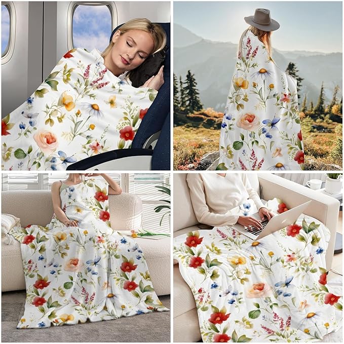 yuboo Floral Throw Blanket - Spring Colorful Flower Blanket, Soft Lightweight Fluffy Blanket for Sofa,Couch,Bed, Vintage French Country Throw Home Decor, 50 x 60 Inch