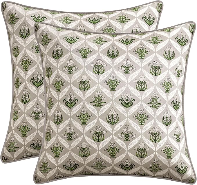 MIULEE Floral Throw Pillow Covers 20x20 Set of 2 Grey Spring Decorative Block Print Cotton Cushion Covers for Couch Living Room, Boho Modern Outdoor Sofa Vintage Garden Pillowcases Home Decor