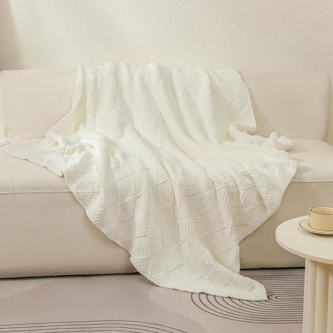 bearberry Super Soft & Fuzzy Minky Throw Blanket Lightweight All-Season - Diamond Stitch Plush Fleece for Couch, Bed, Sofa | Machine Washable Cozy Gift for Women, Men, Home(Cream, 50”x60”)