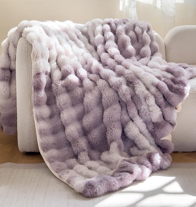 H&D Faux Fur Throw Blanket for Couch,Fluffy Cozy Soft Plush Luxury Thick Fuzzy Fleece Blanket for Couch Bed Sofa Bedroom Living Room,Comfy Bubble Blanket