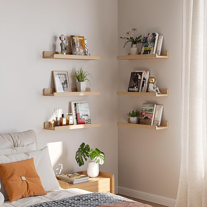 16’’Natural Floating Shelves for Wall Set of 6,Rustic Wood Shelf for Room Decor/Storage/Display,Small Bookshelf,Wall Mounted Hanging Shelves for Bedroom, Bathroom, Living Room, Kitchen
