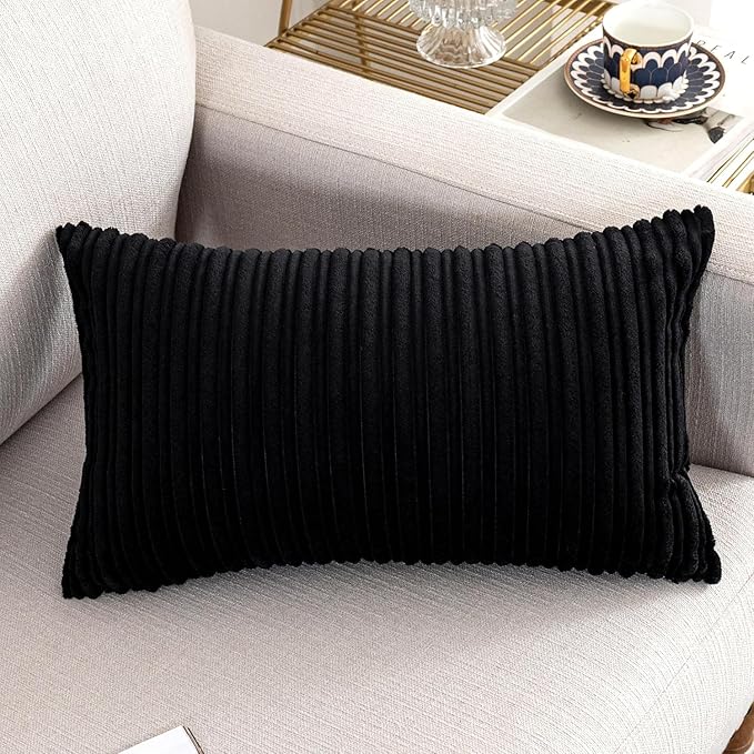 UGASA 14x20 Inch Pillow Cover Pack of 1 Soft Boho Stripe Corduroy Long Rectangular Lumbar Cushion Cover Farmhouse Decorative Throw Pillowcase for Bed, Couch, Sofa, Bedroom, Living Room, Black
