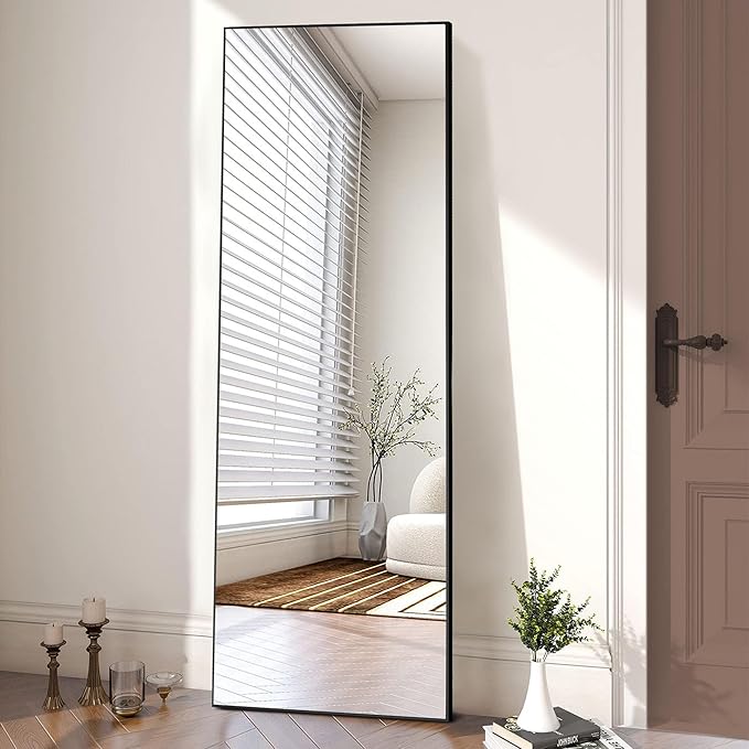 OLIXIS Full Length Mirror for Bedroom, 58"x19" Full Body Mirror with Stand, Hanging or Leaning for Wall, Aluminum Alloy Thin Frame Floor Standing for Living Room, Long, Black