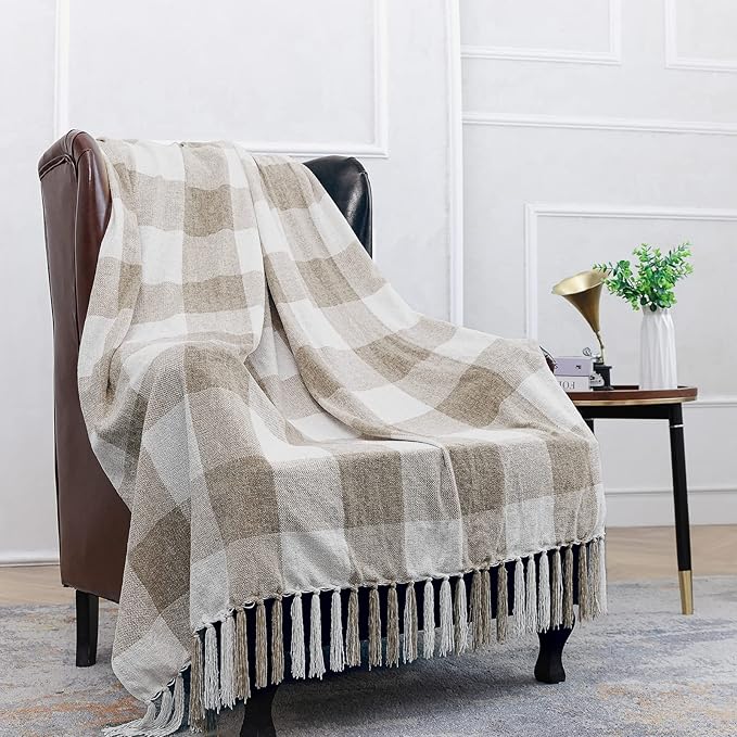 Beige White Buffalo Plaid Decor Blanket, Lightweight Soft Chenille Check Knitted Rustic Farmhouse Throw with Tassels for Couch Sofa Chair Bed Office Home, Tan and Ivory, Queen Size