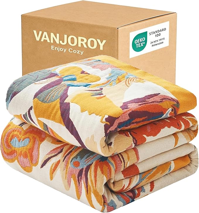 King Extra Large Boho Throw Blanket Oversized 91" x 108", 100% Organic Cotton Soft Bed Throw - Floral Bird Butterfly Pattern Farmhouse Blanket for Couch Sofa Chair and Gift.