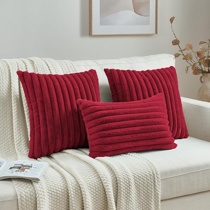 FUTEI Retro Red Decorative Throw Pillow Covers Set of 2, 12x20 Inch Soft Fluffy Faux Fur Plush Striped Lumbar Pillowcases, Modern Home Decor for Couch Bed Living Room
