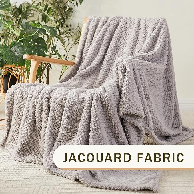 EMME Fleece Blanket, 3D Jacquard Throw Blanket for Couch and Bed, Soft Cozy and Fluffy Blankets Lightweight Luxury Flannel with Waffle Design (Grey, 50" x 60")