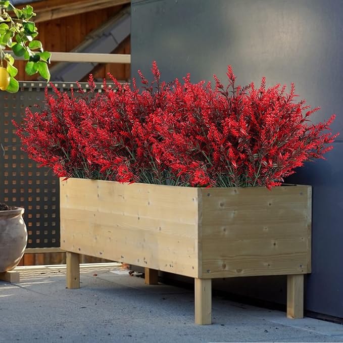 Artificial Outdoor Plants UV Resistant Artificial Greenery Lavender 20 Bundles UV Resistant Hanging Planter Flora Fence Indoor Outside Decor Wedding Table Flowers Arrangement Bouquet Filler(Red)