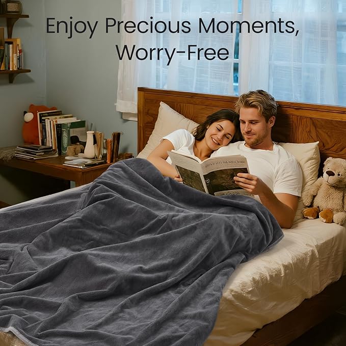 LOOBANI Waterproof Blanket for Bed: Reversible Leakproof Full/Queen Bed Blankets 80" x 90", Soft Flannel & Coral Fleece Bed Blanket Water Resistant for Couch Sofa Cover, Movie Time, Camping, Grey