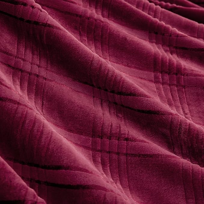 Super Soft Flannel Throw Blanket 50x60 Inches, Premium Checkered Jacquaed Silky Fleece Lightweight Bed Blanket All Season Use, Burgundy Strip, 50"x60"
