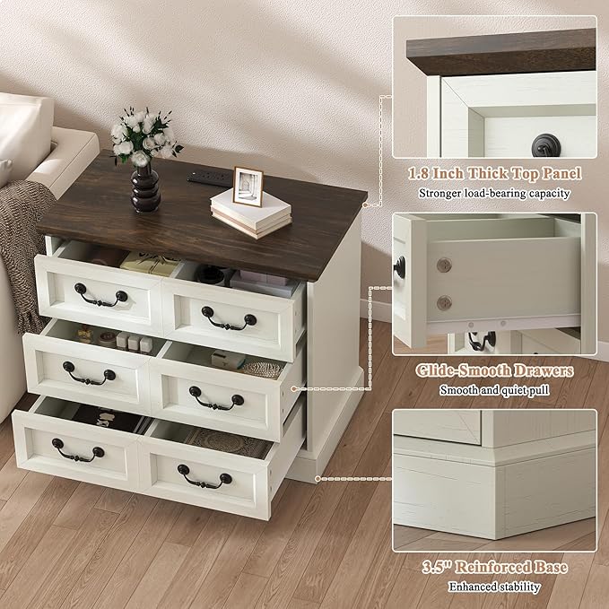 27.6" Wide Farmhouse Nightstand with Charging Station, 3 Drawer Nightstands Set of 2, Larger Side Table End Table, Modern Night Stand for Bedroom, Living Room, White Nightstand