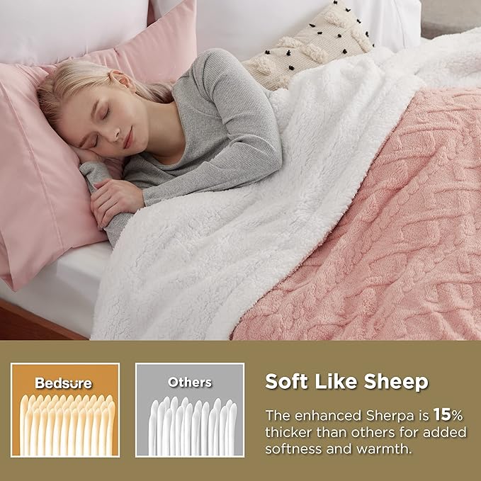 Bedsure Gentlesoft Sherpa King Size Blanket for Bed- Fleece Fluffy & Cozy Cable Jacquard Tufted for Women Gift, Thick and Warm Christmas Blanket for Winter, Pink, 108x90 Inches