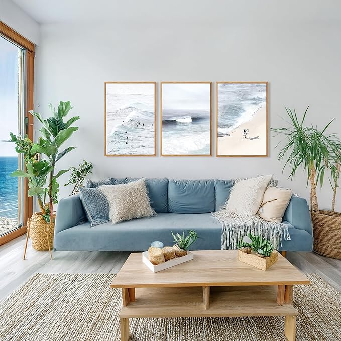 CHDITB Ocean Wave Surf Framed Canvas Wall Art Set Of 3, Minimalist Coastal Wall Decor, Nature Inspired Seascape Wall Painting, Neutral Surfboard Beach Art Prints for office Bedroom Decor (12x16 Inch)