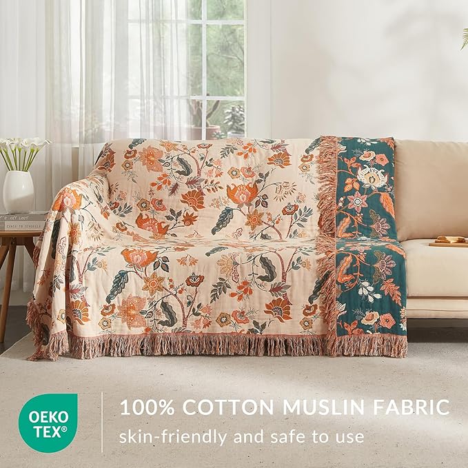Boho Throw Blanket for Couch Sofa Bed, 100% Cotton Woven Quilt with Tassel 80”x90”, Super Soft Muslin Blanket with Floral Printed, Decorative Reversible Bed Blanket/Cover for All Seasons
