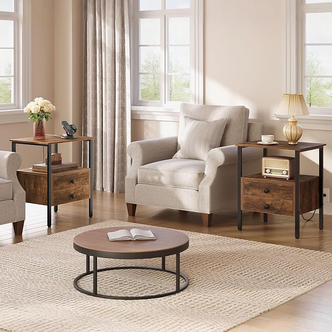 HOOBRO End Table Set of 2 with Charging Station, Bedside Table with 2 Drawer & USB Ports & Type-C Port, Nightstand for Small Spaces, Stable and Sturdy, for Living Room, Rustic Brown BF43UBZP201