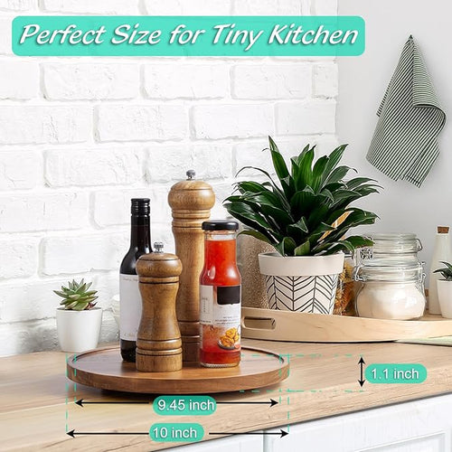 2 Pack 10" Acacia Wood Lazy Susan Turntable Organizer for Cabinet, Round Serving Tray Decorative Tray Vintage Centerpiece Candle Holder Tray, Farmhouse Tray for Kitchen Countertop Coffee Table Decor