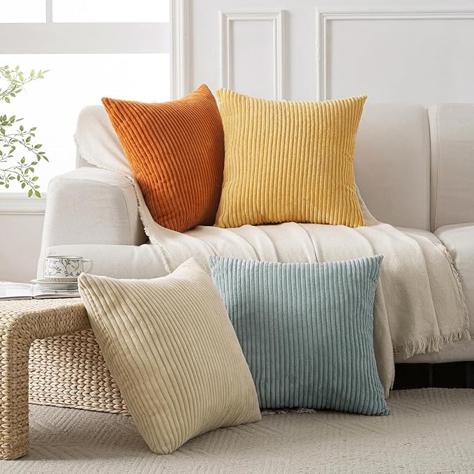 Volcanics Set of 4 Orange Teal Corduroy Decorative Couch Throw Pillow Covers 20x20 Inch, Modern Farmhouse Double-Sided Striped Cushion Cases, Soft Boho Square Accent Pillow Covers for Fall Home Decor