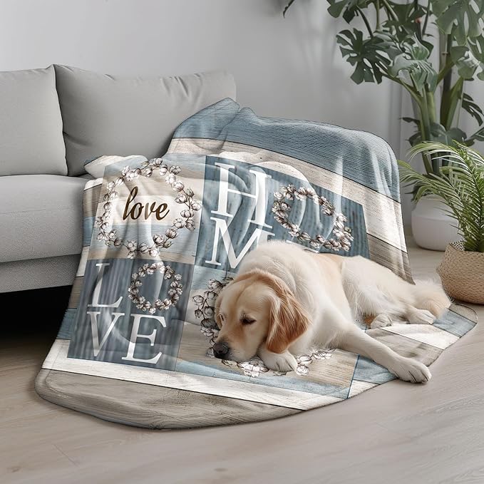 Rustic Floral Flower Sweet Love Home Fabric Throw Blanket, Farmhouse Country Vintage Wood Plank Cotton Soft Warm Fleece Blanket for Living Room Couch Bed Chair or Dorm, 50"x60"