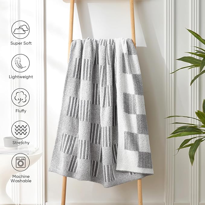 Snuggle Sac Checkered Throw Blanket for Couch,Reversible Soft Cozy Fluffy Blankets for Sofa Bedroom,Cute Lightweight Striped Throws for Women,Heather Light Grey,60x80 inches