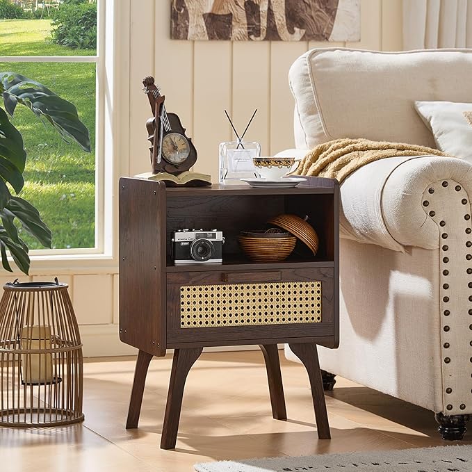 Lerliuo Rattan Nightstands Set of 2, Bedside Table with Drawer Open Shelf, Cane Accent Side End Table with Solid Wood Legs, Walnut Vintage Night Stand for Bedroom, Dorm and Small Spaces