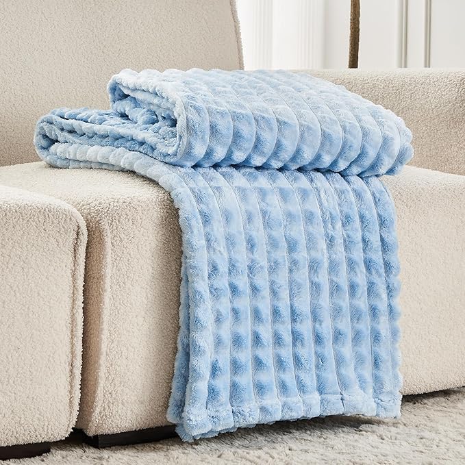 FY FIBER HOUSE Bed Blanket for Couch Soft Warm Fuzzy Queen Size Blankets for Sofa All Season Use, 90x90 Inches, Blue