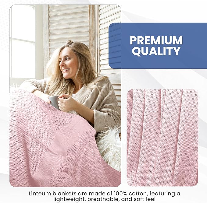 Linteum Textile Supply Leno Weave Rose Blanket, Queen 100% Cotton, Lightweight, Warm, Fluffy, Premium and Durable Soft & Cozy Bed Blanket for Home, Couch, Sofa & Dorm, All Season Throw [90x90]